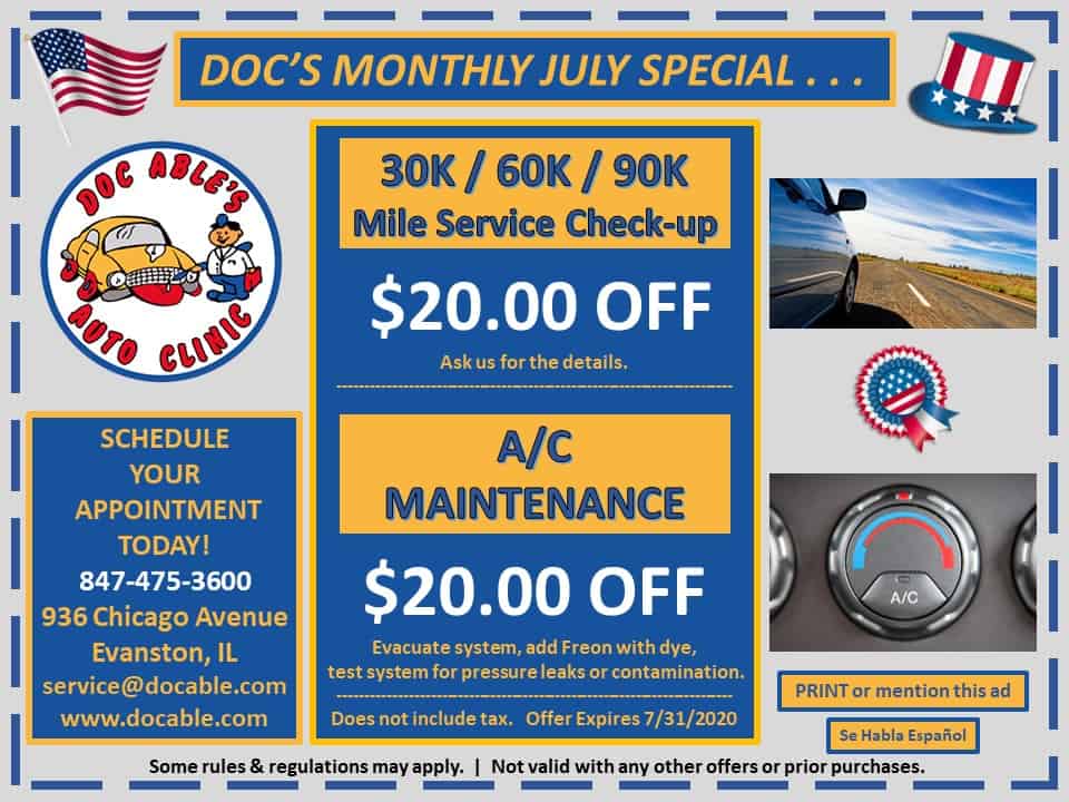 View Our Specials & Coupons at Doc Able's Auto Clinic - Expires 07 31 2020 1 Auto Car Repair Docable.com Evanston Skokie Rogers Park LincolnwooD Wilmette Winnetka