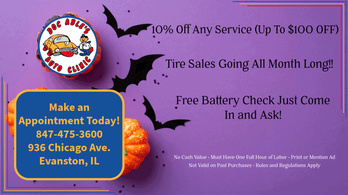 A Halloween-themed auto shop ad with bats, pumpkins, and special offers, including 10% off services, tire sales, and free battery checks. Contact info: 847-475-3600, 936 Chicago Ave, Evanston, IL.