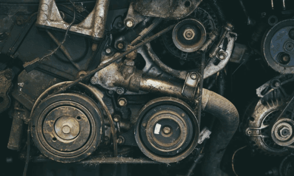 Close-up view of an old, rusty car engine with visible belts, pulleys, pipes, and mechanical components. The metal parts show signs of wear, dirt, and corrosion.