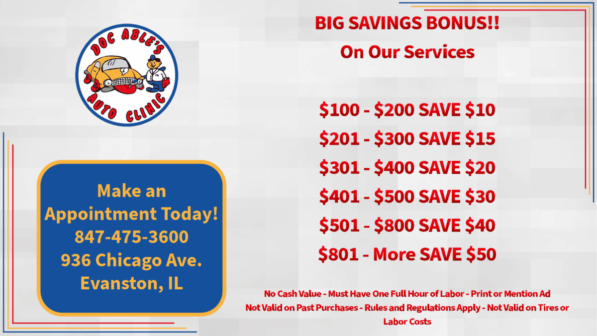 Auto clinic ad showing discounts from $10 to $50 based on spending, contact info (address and phone), and conditions for use. Logo features a cartoon mechanic. Blue box highlights appointment details.