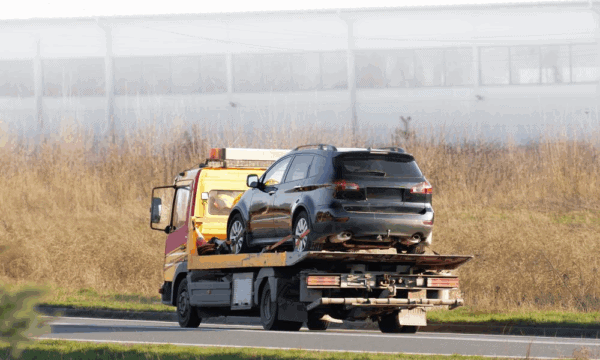 A tow truck transports a black SUV on its flatbed along a road, passing dry grass with a large industrial building in the background.